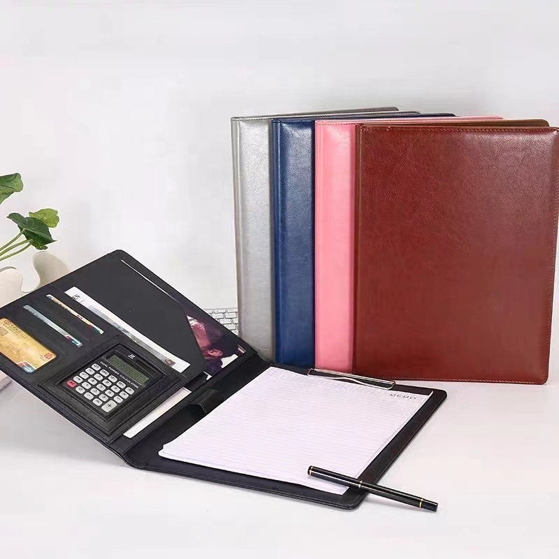 Free Custom Genuine Leather Business Portfolio Bag File Folder A4 Document Folder Binder With Card Holder