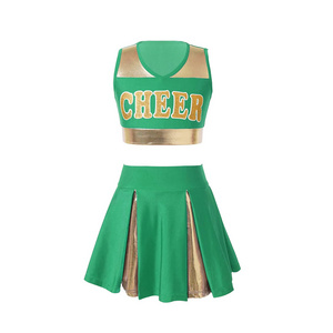 green color Latest Style Cheerleader Uniforms For ladies in Polyester Green and White Color One Piece Suits For Dancers