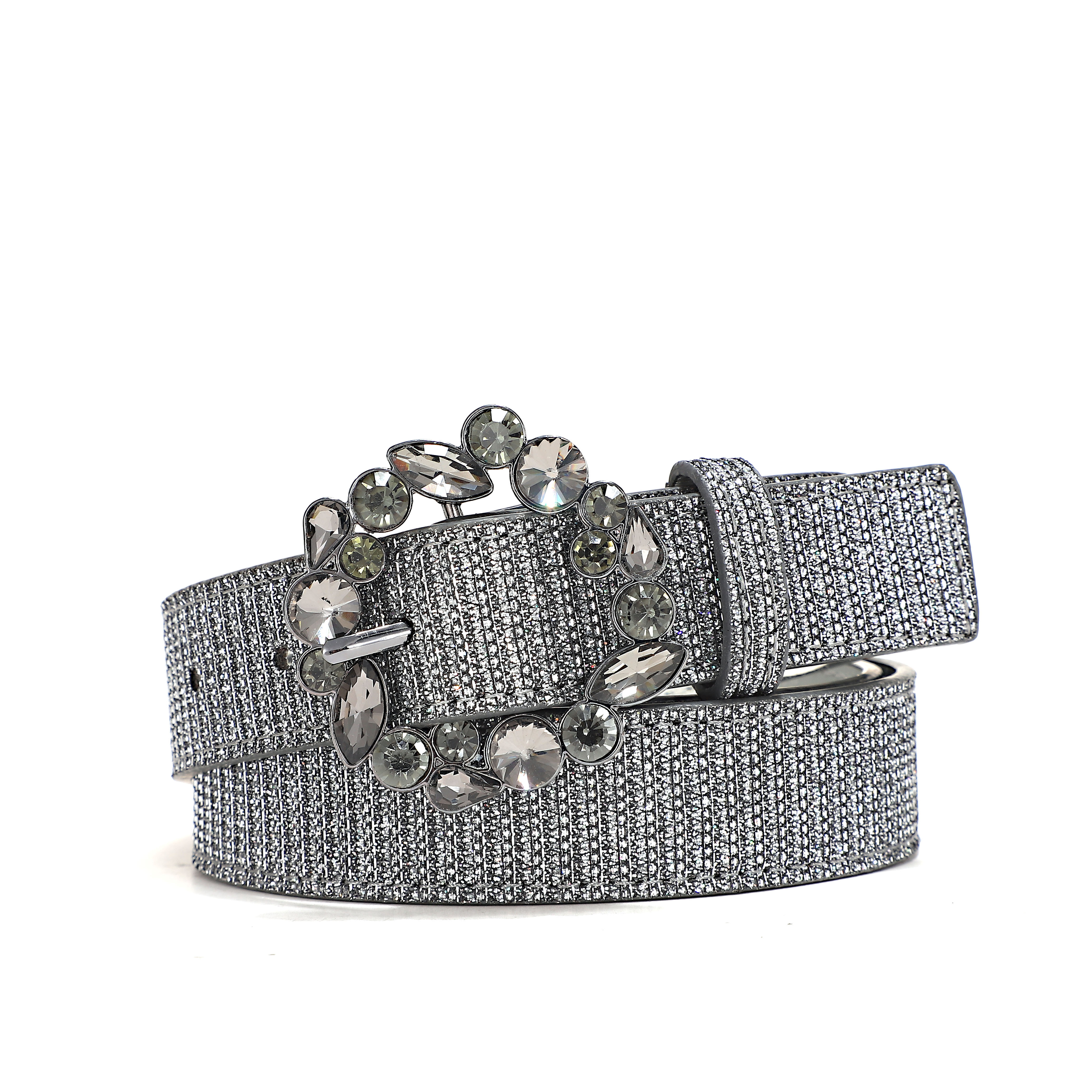 Sliver gemstone women pu belt shiney sliver