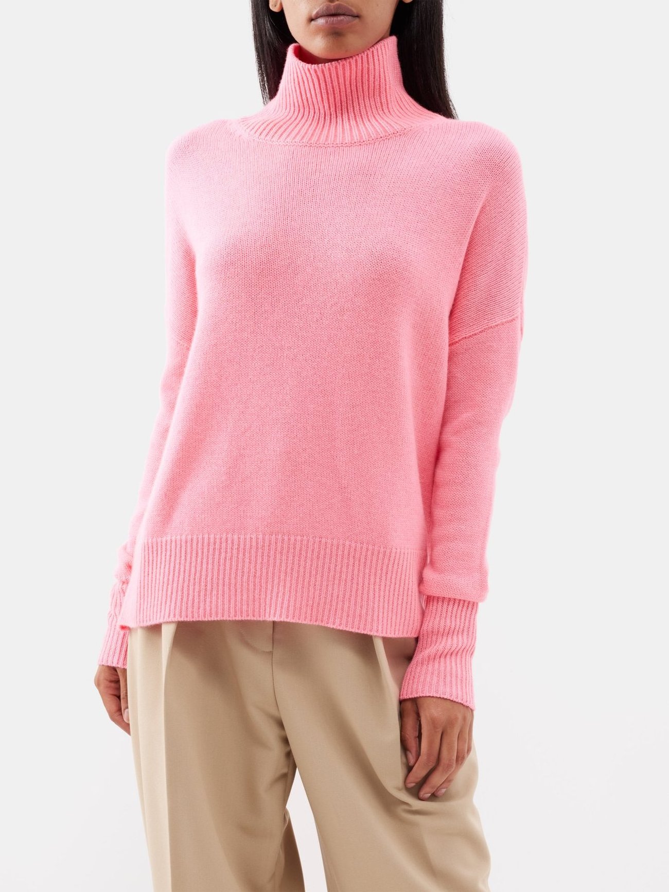 Wholesale custom color long sleeve cuffs and hem ribbed turtle neck loose pink knit women wool sweater