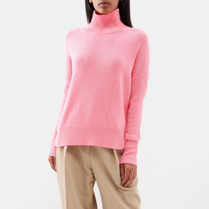 Wholesale custom color long sleeve cuffs and hem ribbed turtle neck loose pink knit women wool sweater