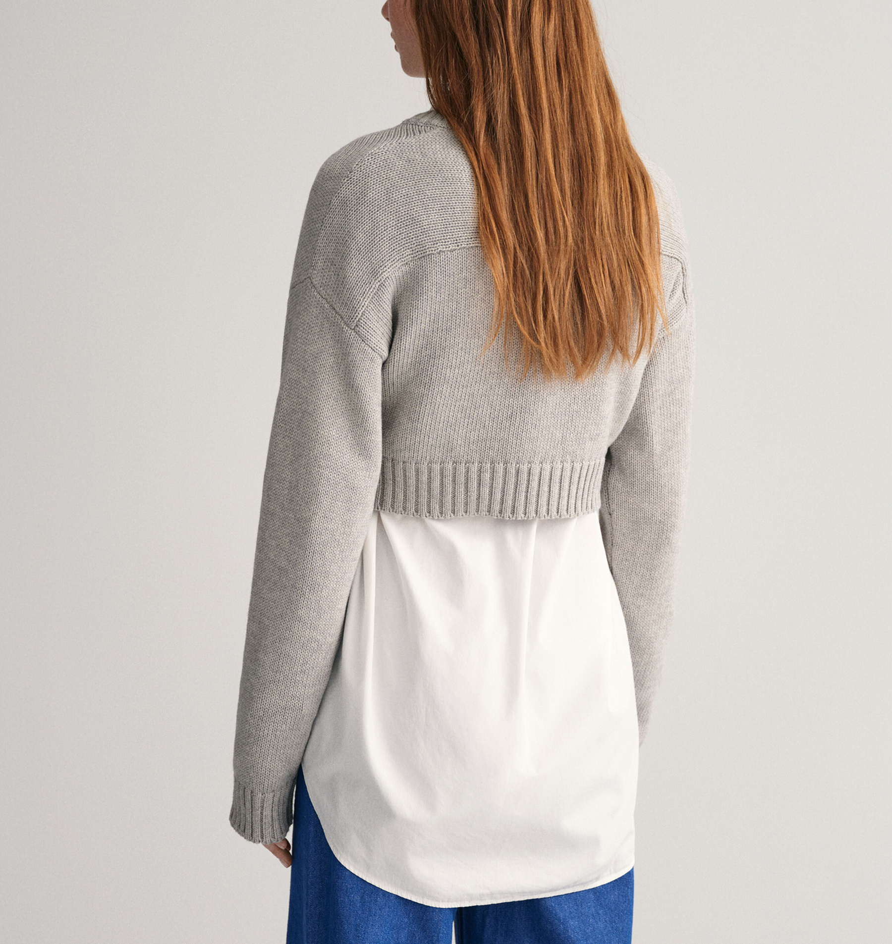 Wholesale custom women long sleeve ribbed cuffs hem and neck knit cotton wool blend cropped V-Neck sweater