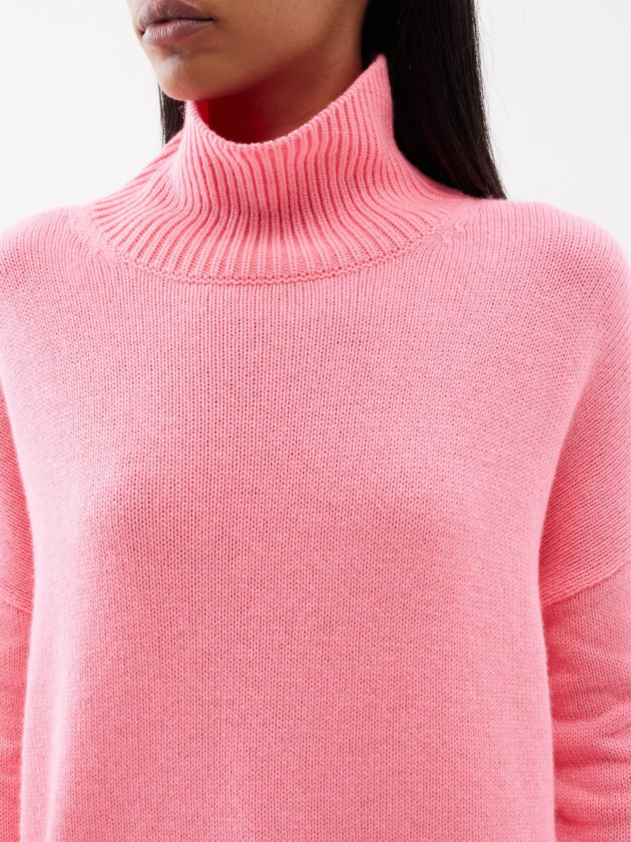 Wholesale custom color long sleeve cuffs and hem ribbed turtle neck loose pink knit women wool sweater