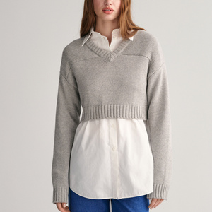 Wholesale custom women long sleeve ribbed cuffs hem and neck knit cotton wool blend cropped V-Neck sweater