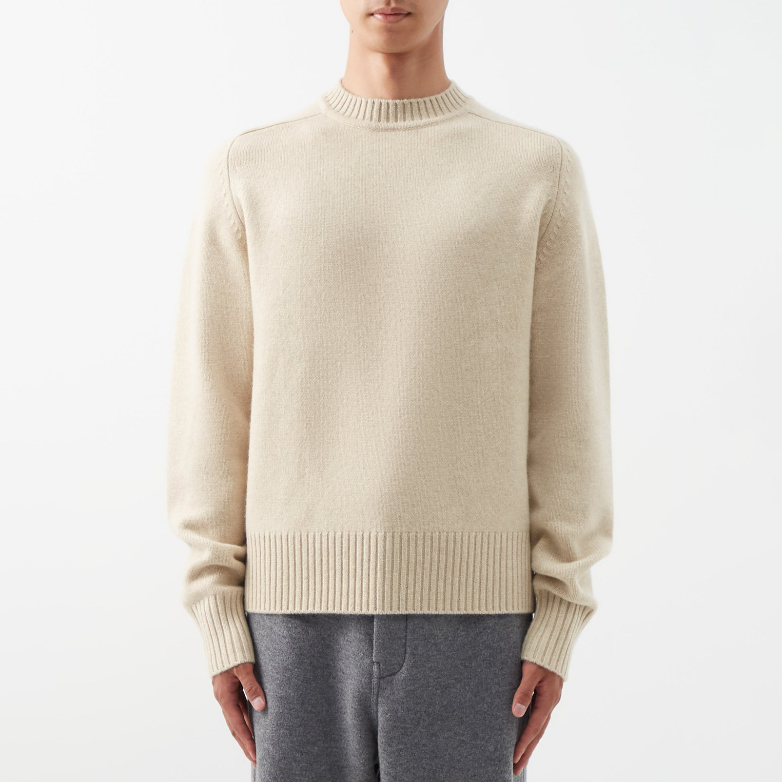 LeBo wholesale custom color men ribbed stand collar cuffs and hem thick beige cashmere blend knit sweater