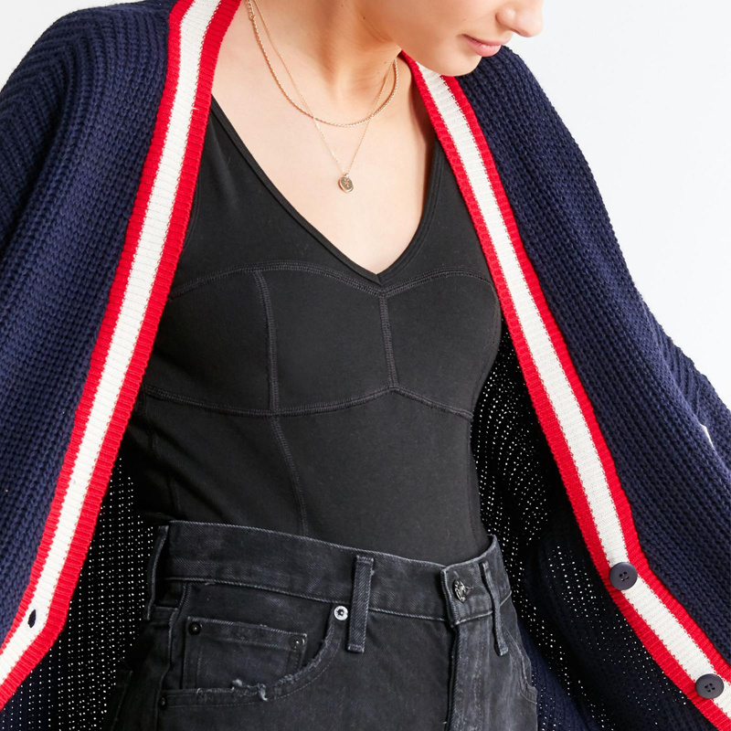 LeBo custom women striped sleeve pocket embroidery letterman fashion college style knit varsity sweater cardigan