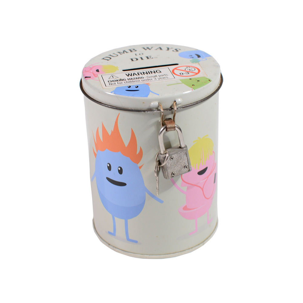 Hotsale customized round cartoon coin bank tin can gifts round tin metal piggy bank with lock and key for children