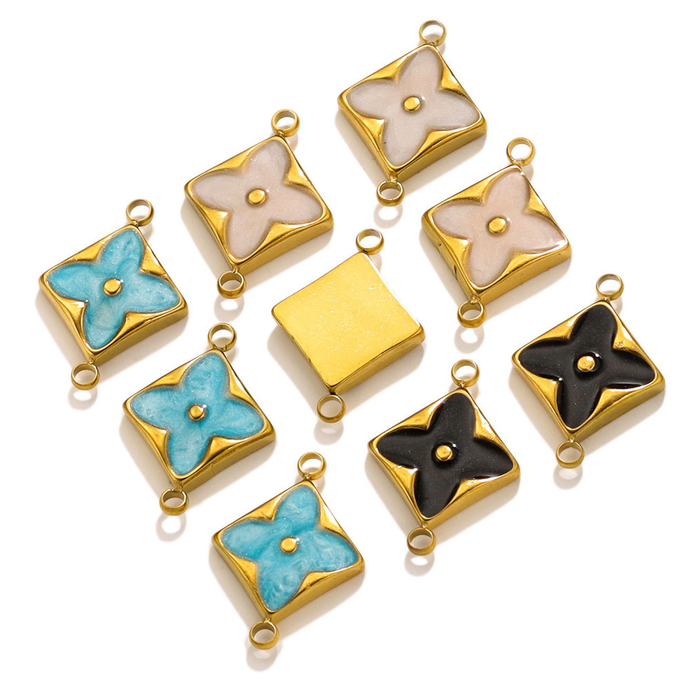 Stainless Steel Gold Square Clover Charm Flower Double Hole Connector for DIY Jewelry Bracelet Necklace 9 x17.5 mm