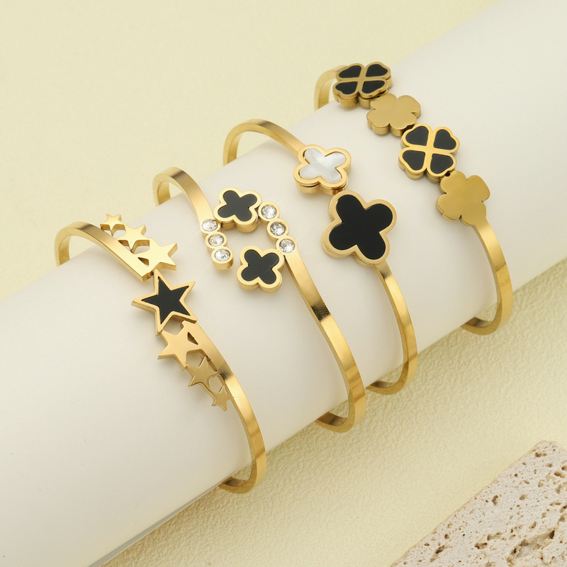 Clover dripping zircon bangle  stainless steel spring open bracelet 18K gold  with diamonds style women's bracelet