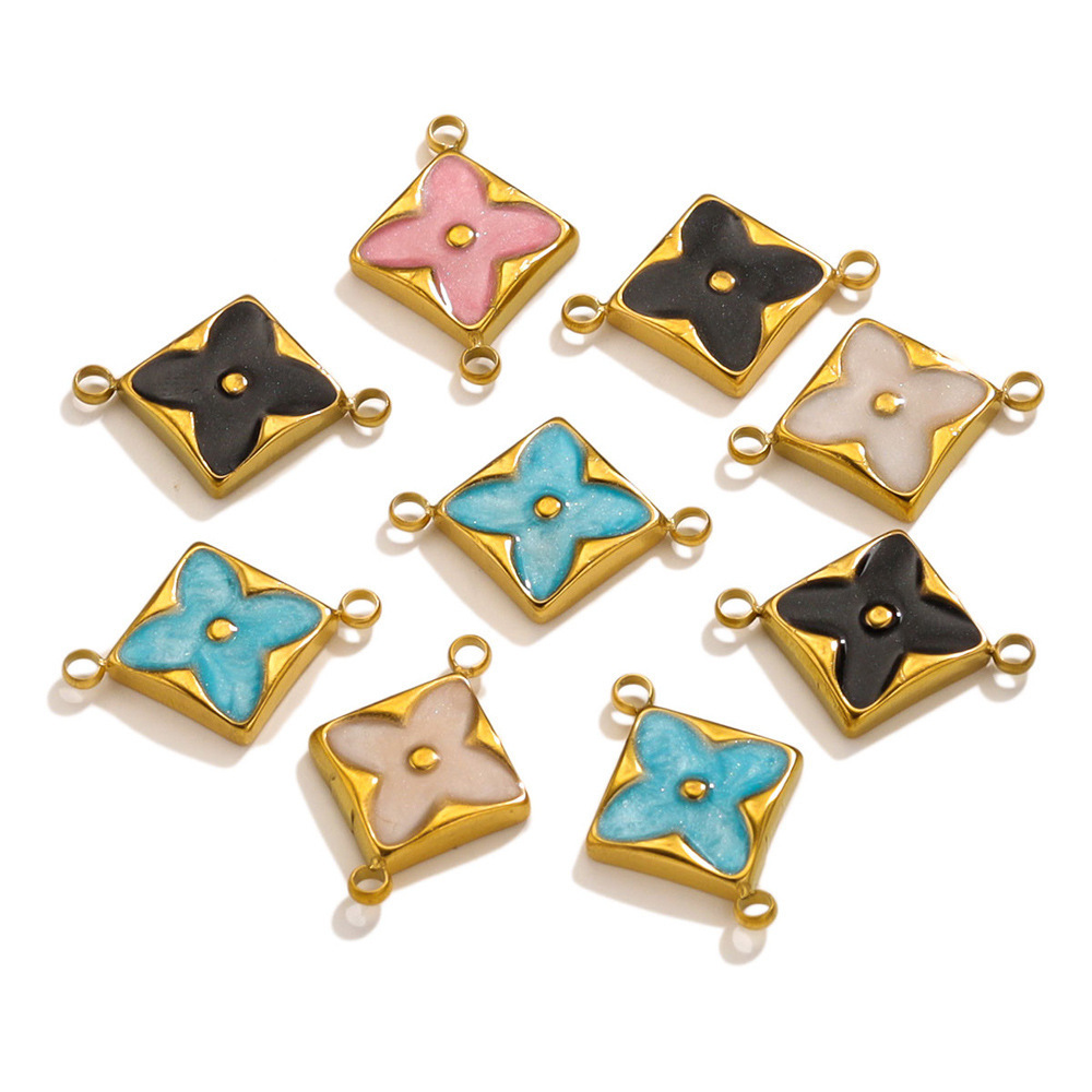 Stainless Steel Gold Square Clover Charm Flower Double Hole Connector for DIY Jewelry Bracelet Necklace 9 x17.5 mm