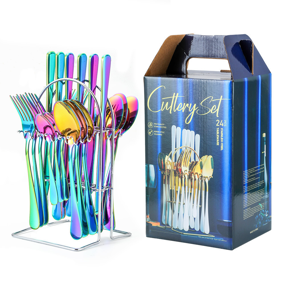 High Quality 24 Pcs Gift Set Gold Flatware Stainless Steel Cutlery Set With Rack Holder