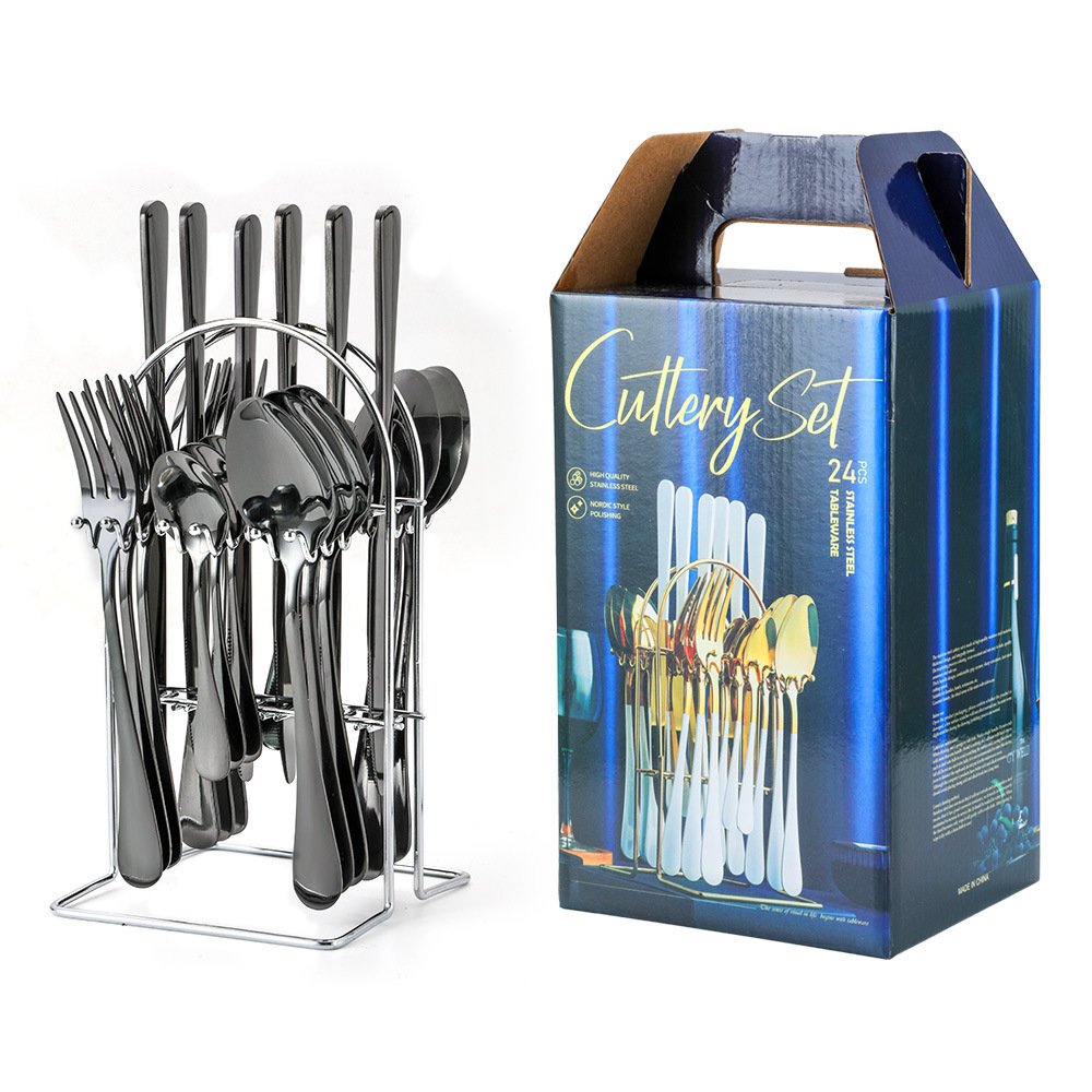 High Quality 24 Pcs Gift Set Gold Flatware Stainless Steel Cutlery Set With Rack Holder