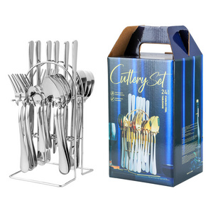 High Quality 24 Pcs Gift Set Gold Flatware Stainless Steel Cutlery Set With Rack Holder