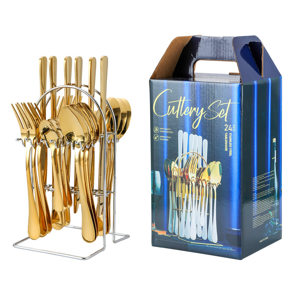 High Quality 24 Pcs Gift Set Gold Flatware Stainless Steel Cutlery Set With Rack Holder