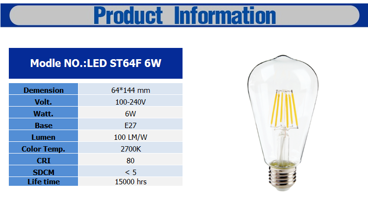 Factory sale 220-240V Soft Warm White E27 Holder 2700K Decorative filament bulb led Bulb 4W 6W 8W Led filament bulb