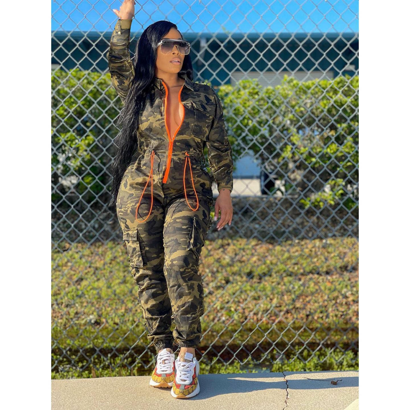 2023 New European And American Waist Jumpsuit Camouflage Suit Female Zipper Cardigan Drawstring Jumpsuit