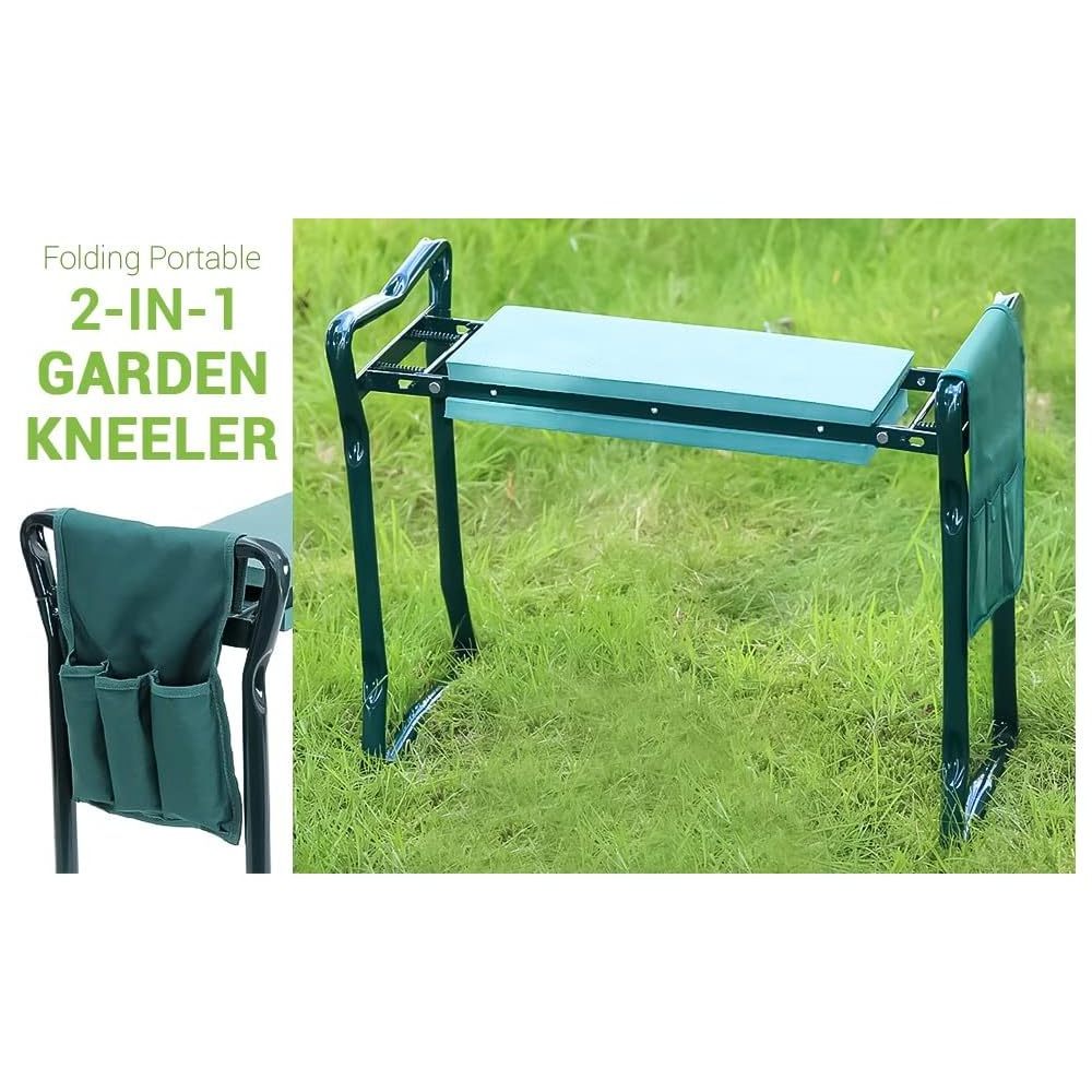 Folding Garden Kneeler With Handles Tools Bag Padded Seat Space Saving Heavy duty metal frame thick foam seat bench