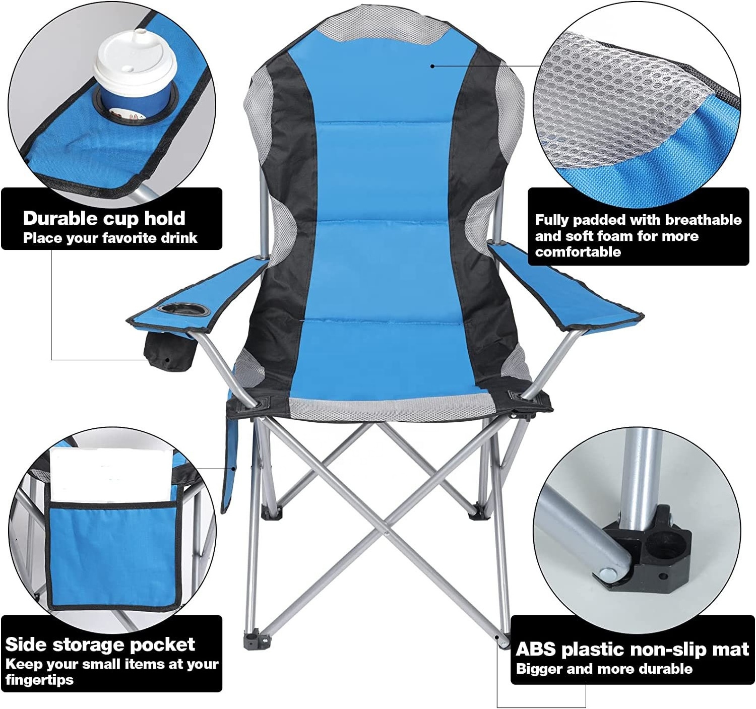 Oversized Deluxe Padded Folding Camping Chair with Cup Holder and Side Pocket Lightweight High Back Leisure Portable Heavy Duty