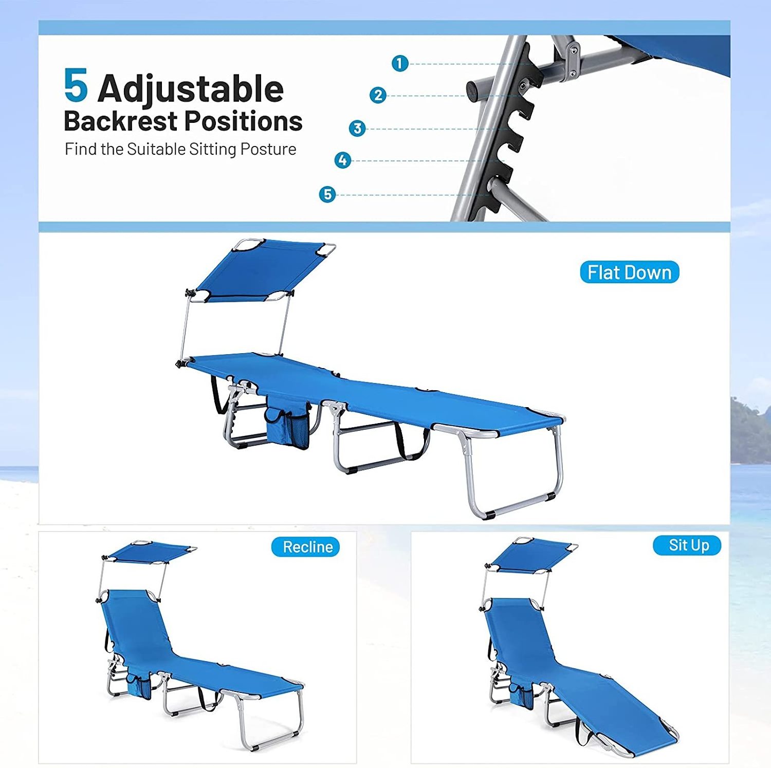 Outdoor Folding Chaise Lounge Portable Reclining Chair with 5 Adjustable Positions Rotatable Canopy Shade Side Pocket sun lounge