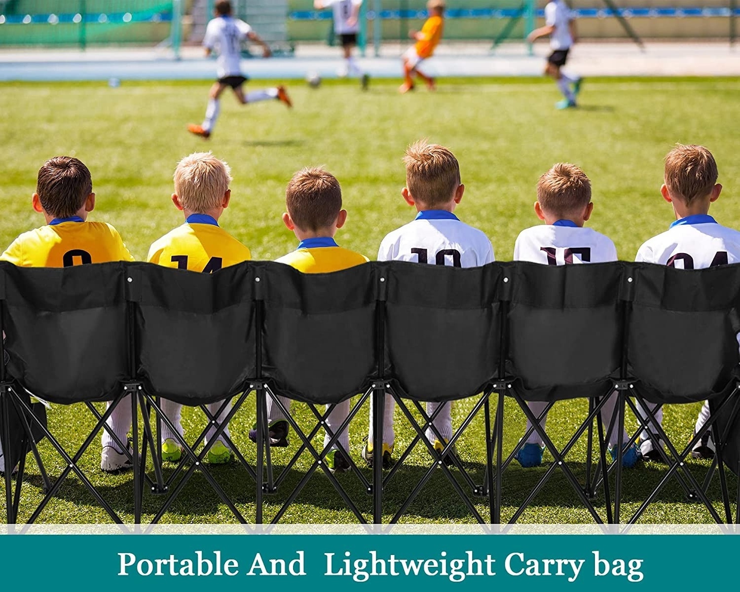 Portable 6 Seat Foldable Team Sports Sideline Bench with Back and Carry Bag for Sports Team Camping Folding Bench Chairs Black