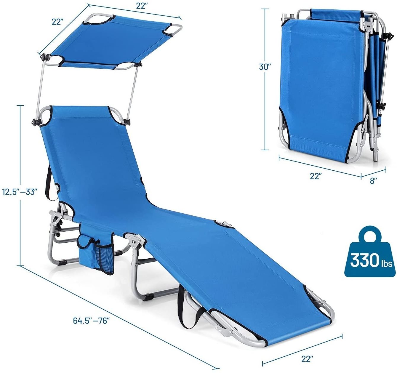 Outdoor Folding Chaise Lounge Portable Reclining Chair with 5 Adjustable Positions Rotatable Canopy Shade Side Pocket sun lounge