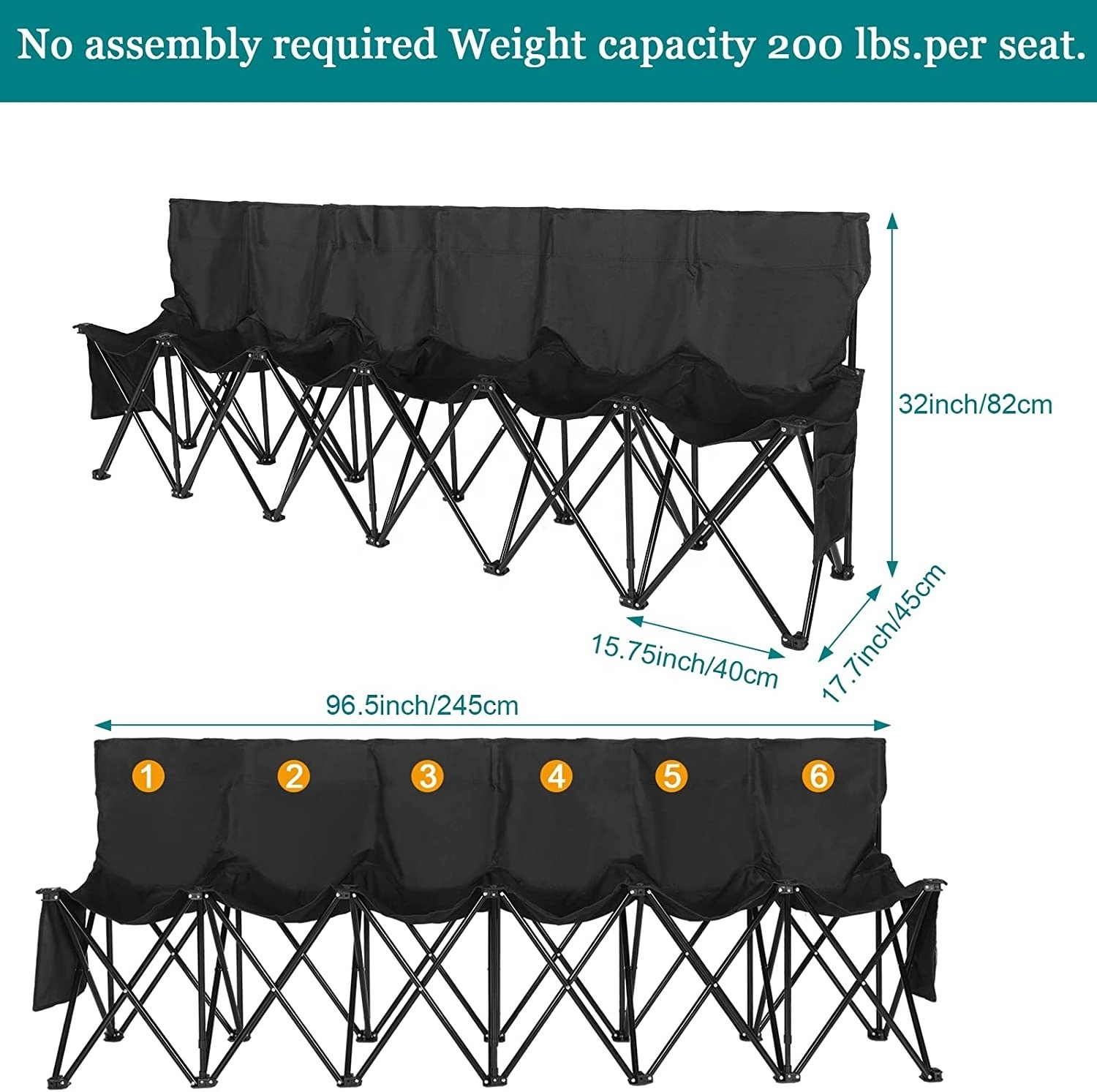 Portable 6 Seat Foldable Team Sports Sideline Bench with Back and Carry Bag for Sports Team Camping Folding Bench Chairs Black