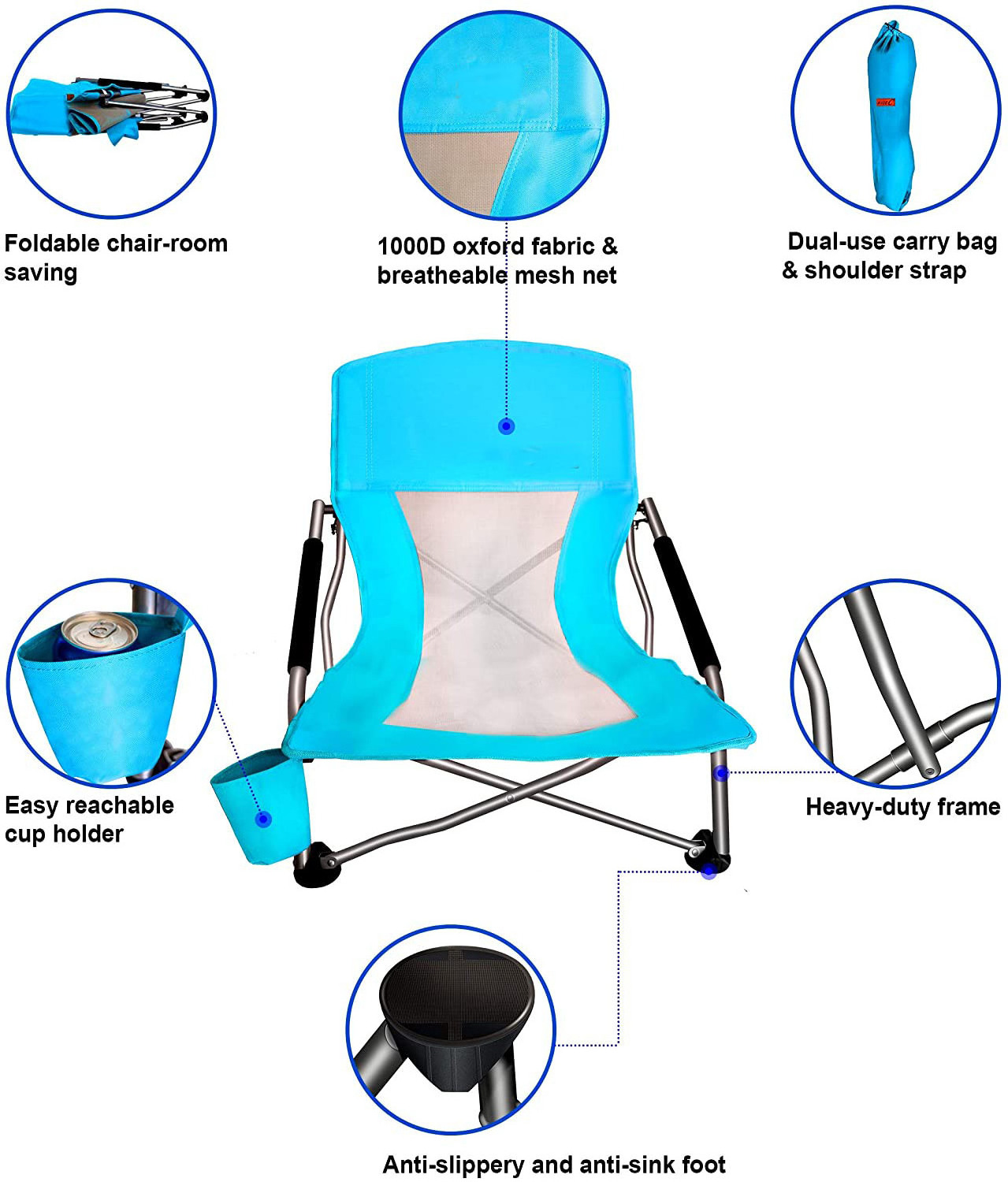 Low Sling Beach Chair Folding Lightweight Mesh Back Sand Chair for Camping Outdoor Lawn Carry Bag Included Supports 250lbs