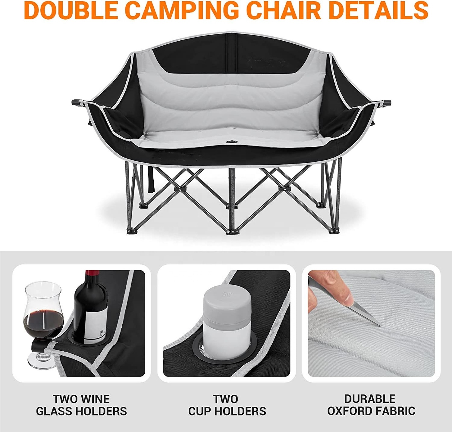 Loveseat Camping Adult Double Folding Chair for Two People Heavy Duty Support Up to 440 lbs for Concert Lawn Picnic Trip Games