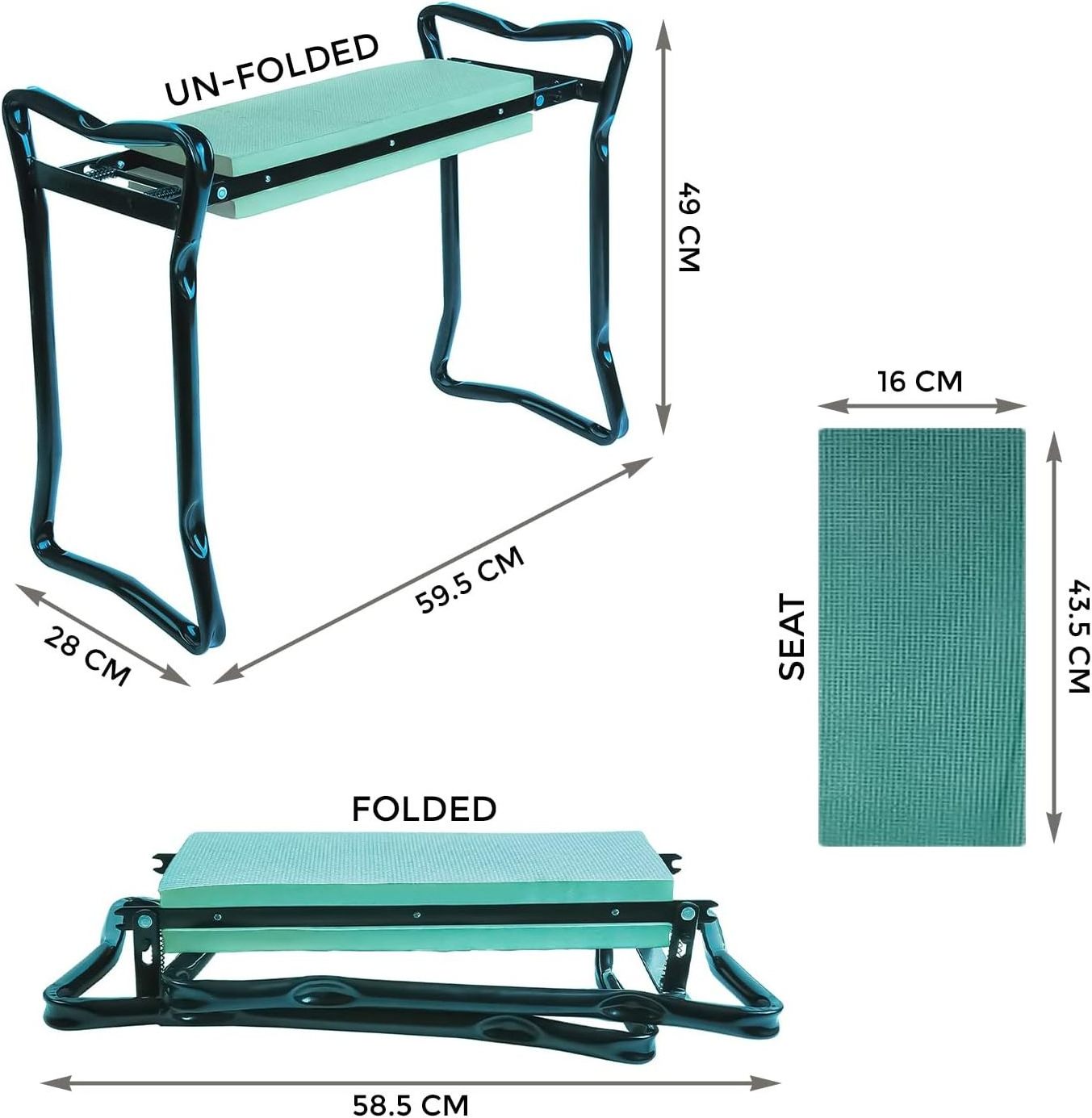 Folding Garden Kneeler With Handles Tools Bag Padded Seat Space Saving Heavy duty metal frame thick foam seat bench