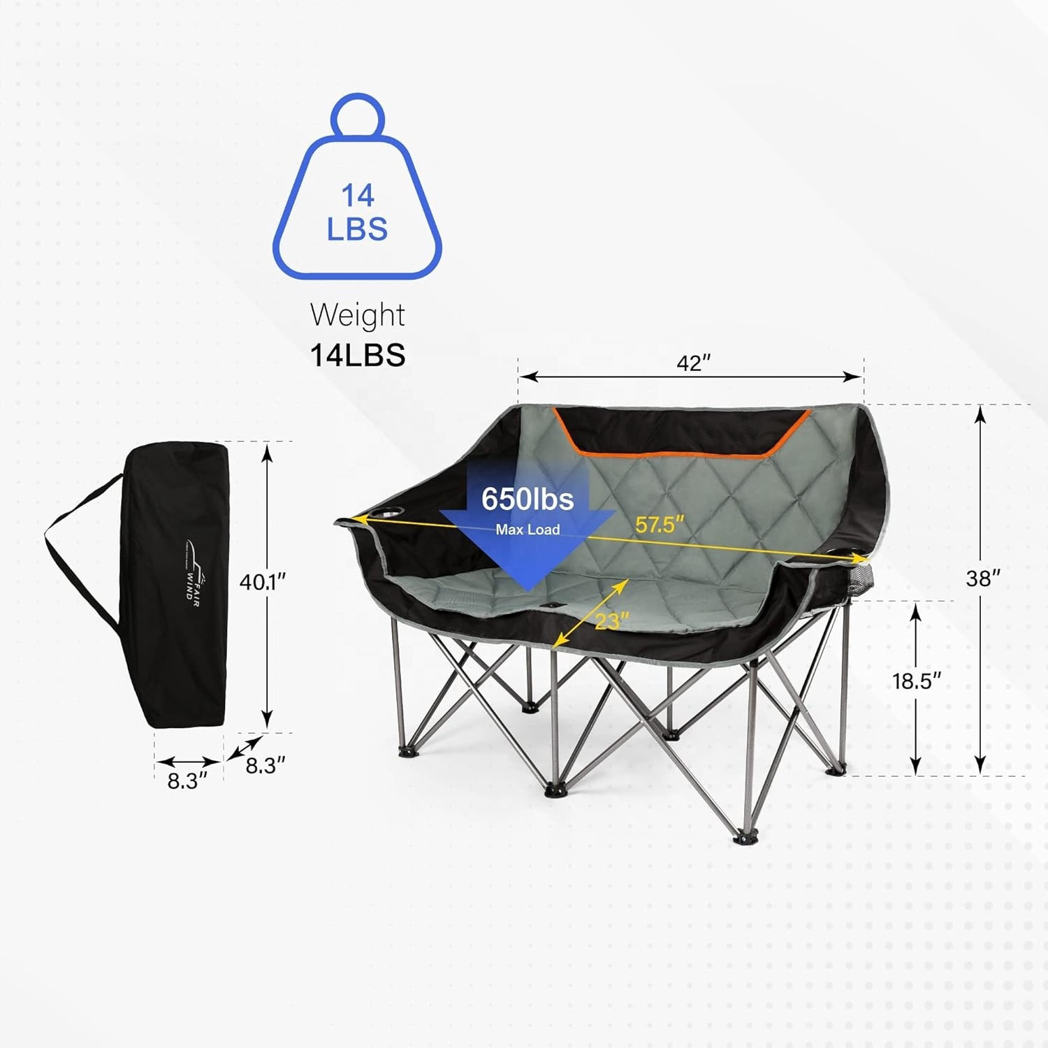 Oversized Fully Padded Camping Chair Folding Loveseat  Couch Double DuoHeavy Duty Quad Arm  with Cup Hold