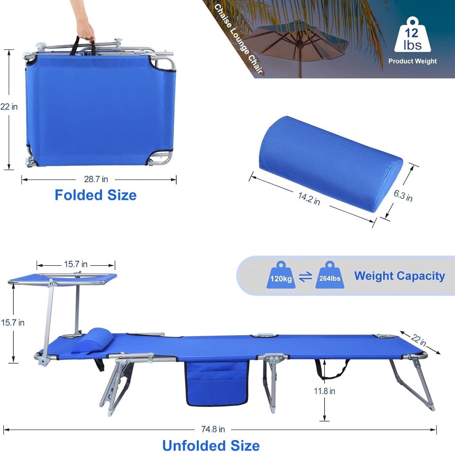 Folding Chaise Lounge Chair  Outside 4 Position Beach Lounger  Canopy Sun Shade Head Rest Pillow Side Pocket Lightweight