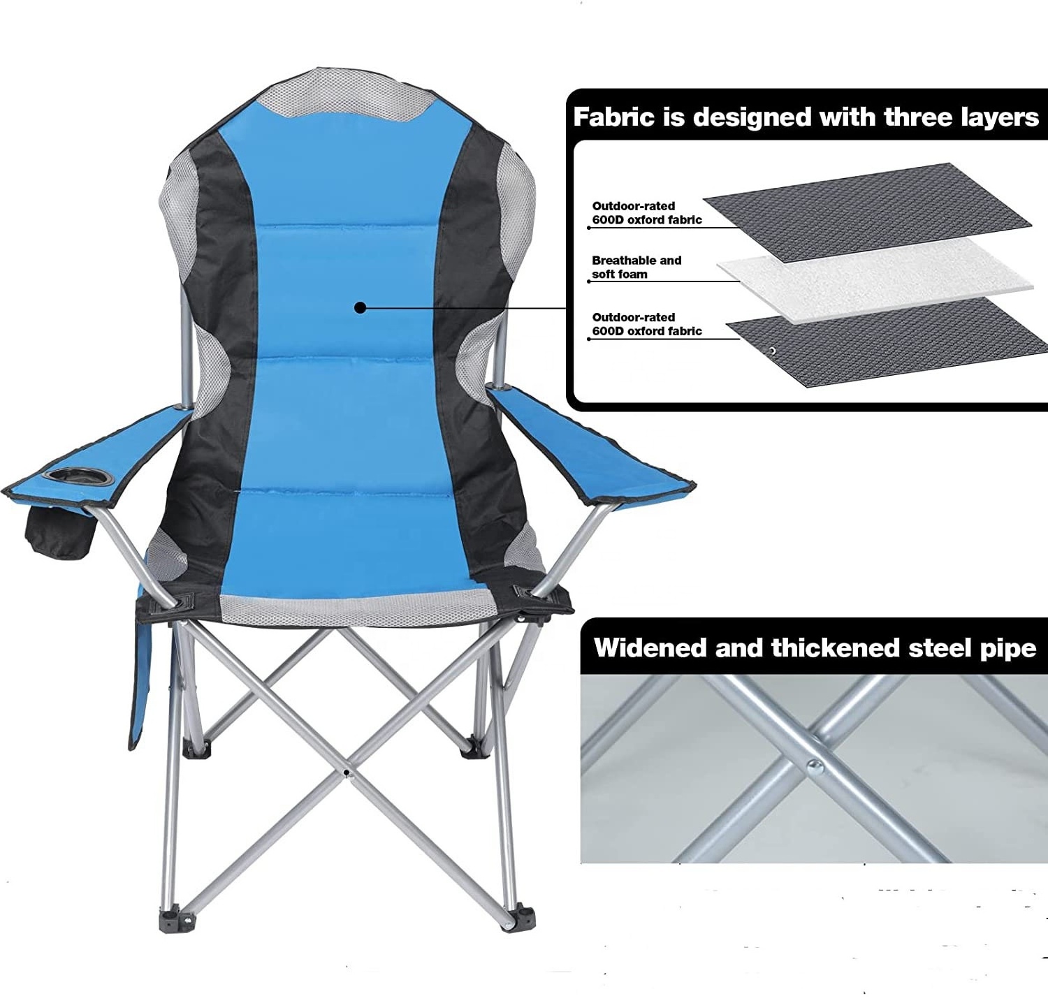 Oversized Deluxe Padded Folding Camping Chair with Cup Holder and Side Pocket Lightweight High Back Leisure Portable Heavy Duty