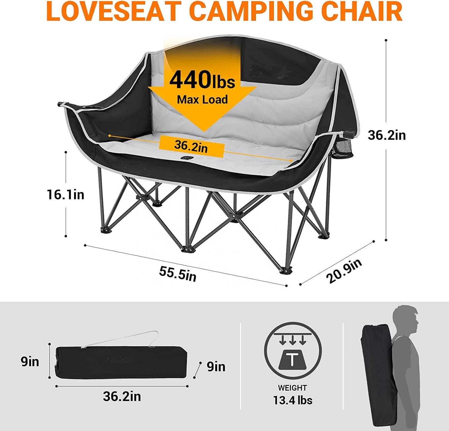 Loveseat Camping Adult Double Folding Chair for Two People Heavy Duty Support Up to 440 lbs for Concert Lawn Picnic Trip Games