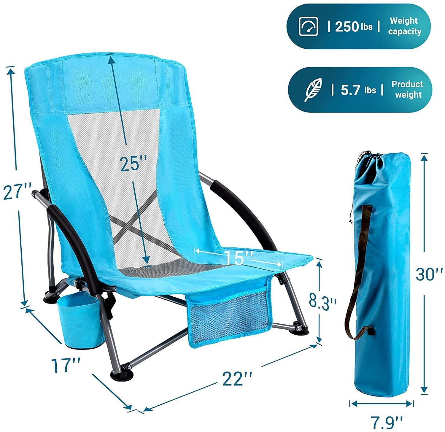 Low Sling Beach Chair Folding Lightweight Mesh Back Sand Chair for Camping Outdoor Lawn Carry Bag Included Supports 250lbs