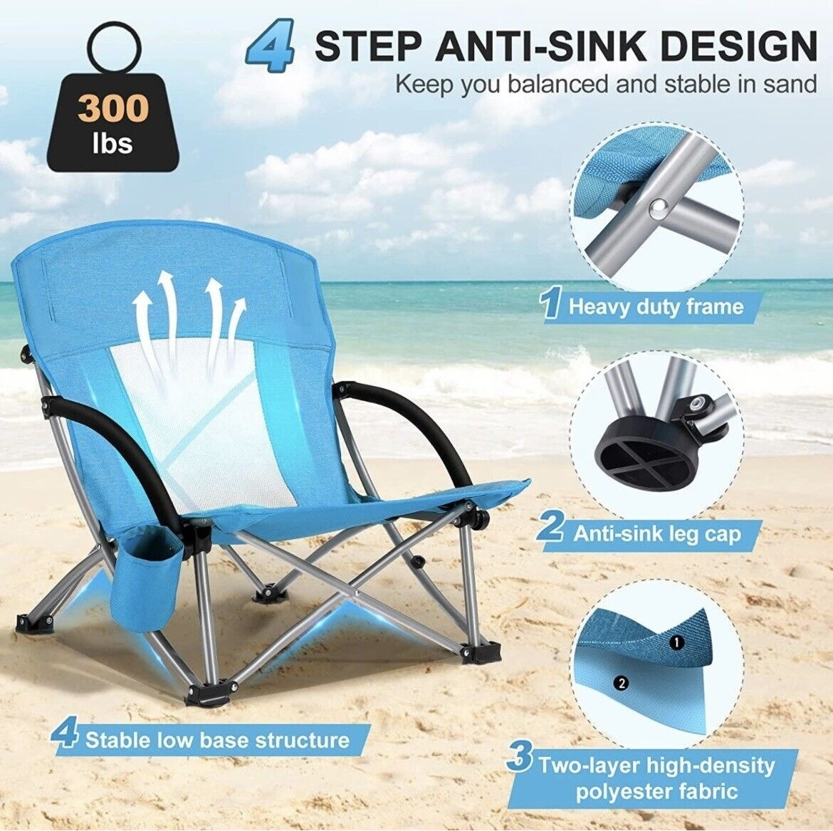 Portable Backpack Sturdy  Durable Ergonomic Comfortable Back Beach Foldable 300lb Capacity Heavy Duty Oversized Chair