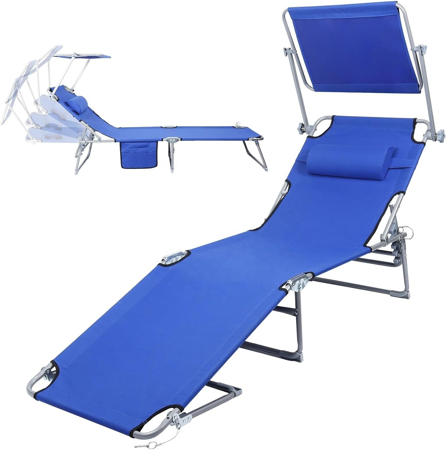 Folding Chaise Lounge Chair  Outside 4 Position Beach Lounger  Canopy Sun Shade Head Rest Pillow Side Pocket Lightweight