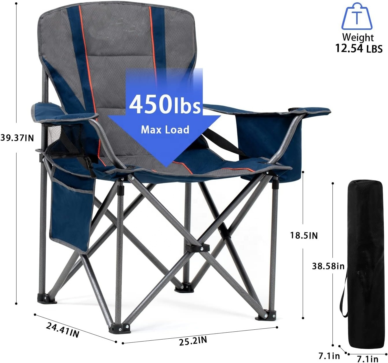 Oversized Fully Padded Camping Chair with Lumbar Support Heavy Duty Quad Fold Arm Chair with Cooler Bag  Support 450 LBS