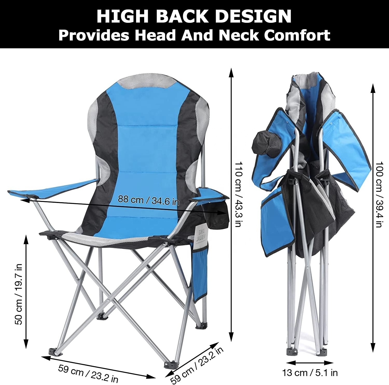 Oversized Deluxe Padded Folding Camping Chair with Cup Holder and Side Pocket Lightweight High Back Leisure Portable Heavy Duty