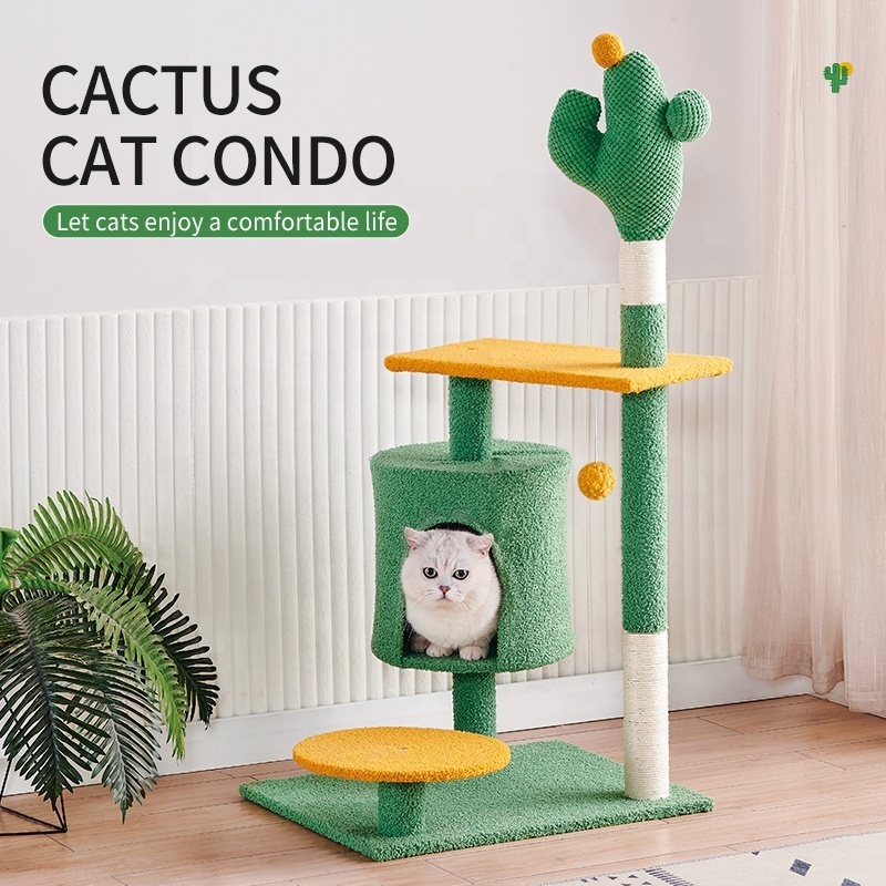 Modern luxury large climbing tree flower cactus cat trower with scratching post for many cats to play wooden cat tree tower