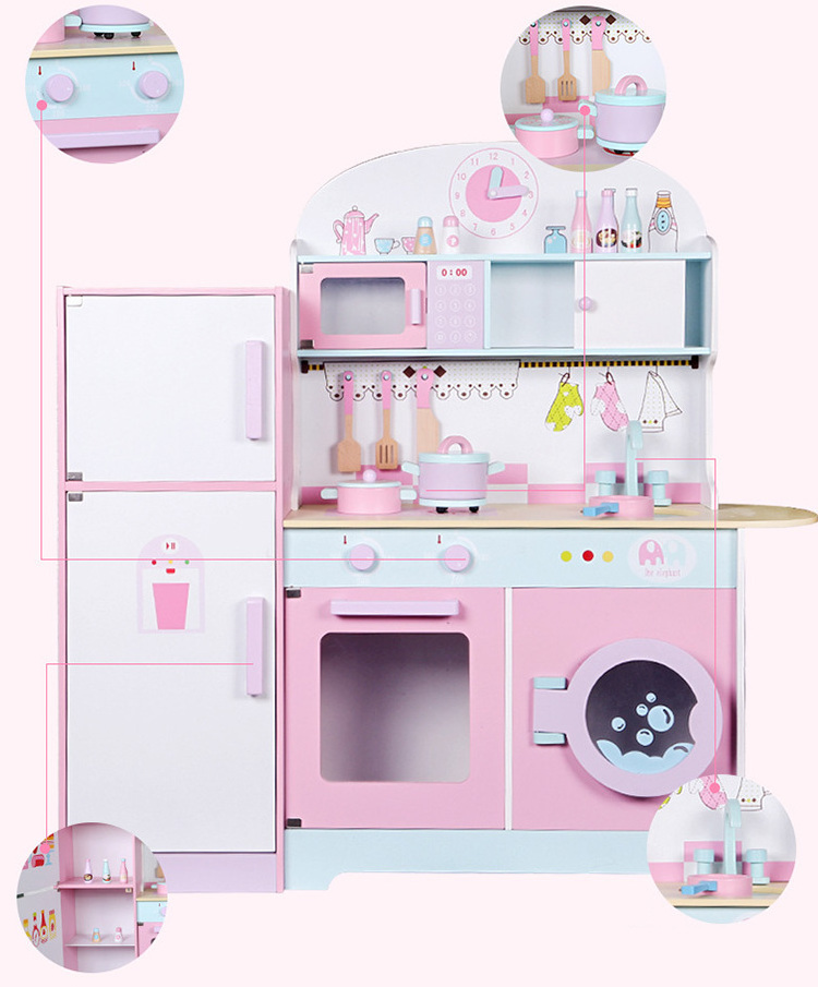 Baby Pink Cooking Furniture Modern Wooden Refrigerator Kitchen Toy Set For Kids