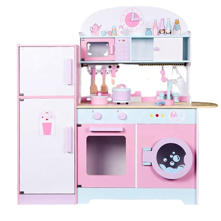 Baby Pink Cooking Furniture Modern Wooden Refrigerator Kitchen Toy Set For Kids