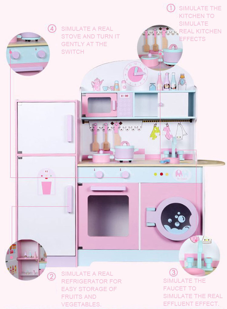 Baby Pink Cooking Furniture Modern Wooden Refrigerator Kitchen Toy Set For Kids