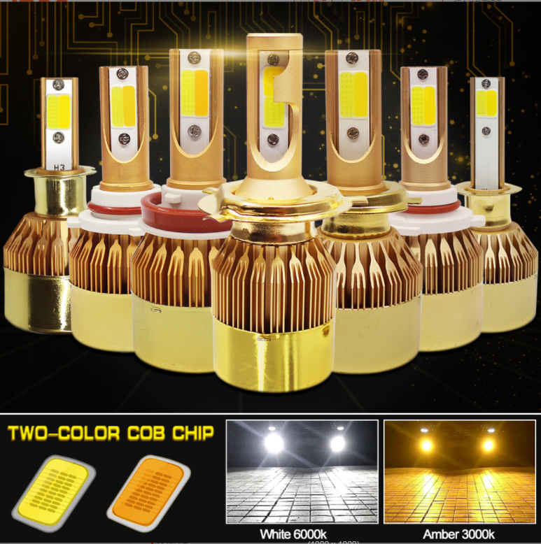 Dual color c6 Led Headlight Bulb h7 H4 9005 9006 COB Chip 3000k 6000k H11 H16 9012 Tricolor Led Headlight