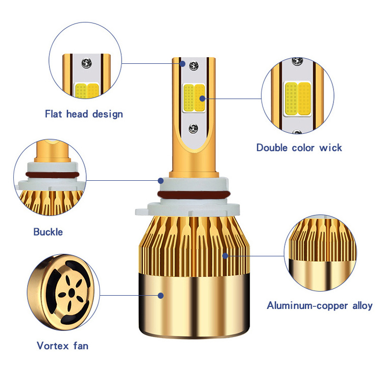 H4 C6 Double Color LED Headlamp Bulbs H7 LED Fan Headlight Conversion Kit with White and Yellow Light