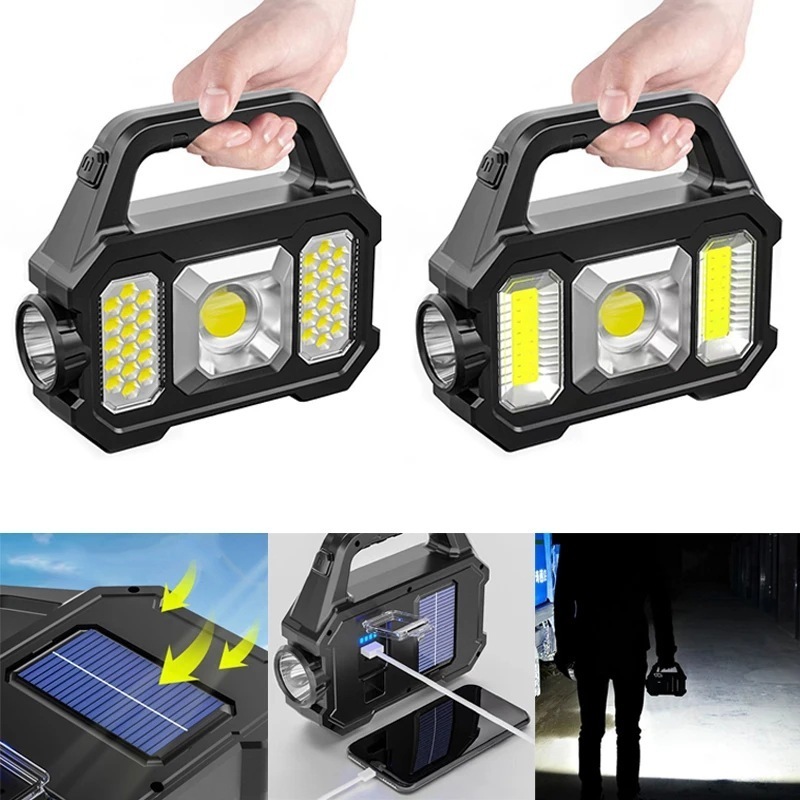 Multifunctional searchlight outdoor waterproof solar charging treasure flashlight cob hand lamp wholesale led camping light