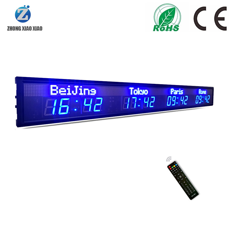 4 time zone clock, multi zone clock, LED digital world clock display screen, LED indoor all blue display screen