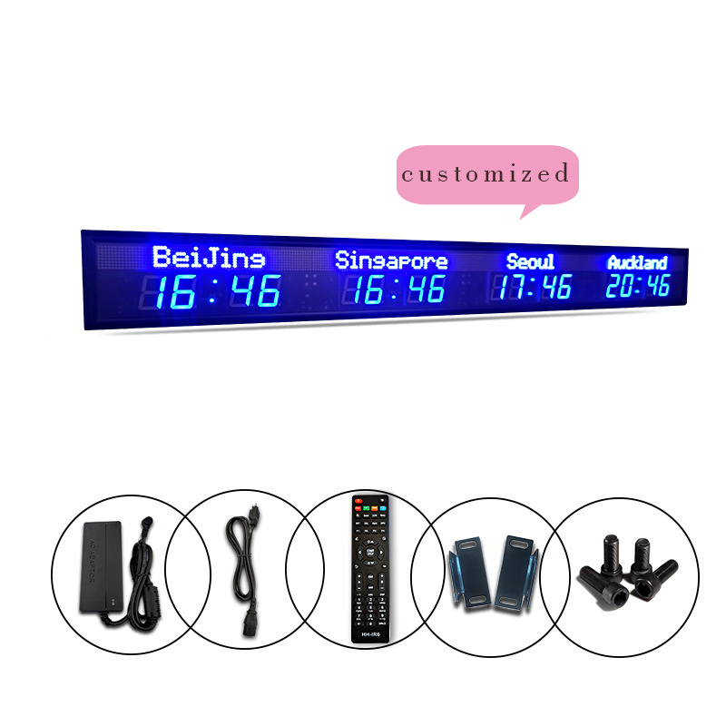 4 time zone clock, multi zone clock, LED digital world clock display screen, LED indoor all blue display screen