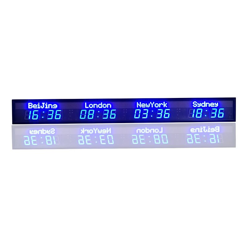 4 time zone clock, multi zone clock, LED digital world clock display screen, LED indoor all blue display screen