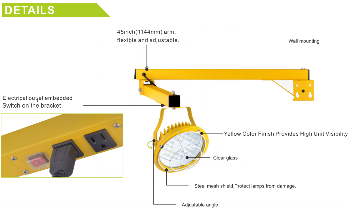 New Design Swing Arm Led Work Light 20W 30W 50W 60W Led Dock Lights For Warehouses Trailers Docks Lighting