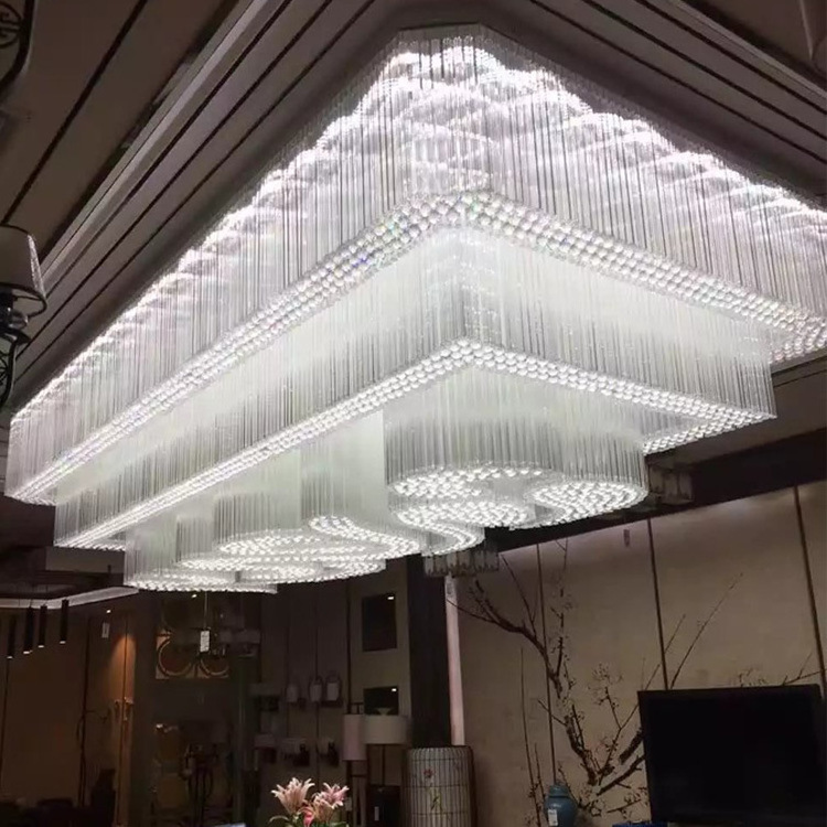 Dimmable luxury long hanging foyer lights big rectangle luxury crystal chandelier